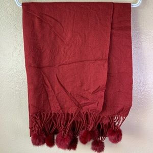 Boho Wool Angora Blend Maroon Pom Pom Scarf/Shawl